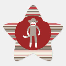Cute Sock Monkey on Red Circle Red Brown Stripes Star Stickers
