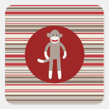 Cute Sock Monkey on Red Circle Red Brown Stripes Stickers