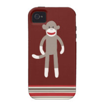 Cute Sock Monkey on Red with Stripes iPhone 4/4S Cover
