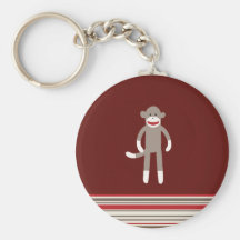 Cute Sock Monkey on Red with Stripes Keychain