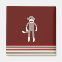 Cute Sock Monkey on Red with Stripes Refrigerator Magnets