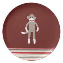 Cute Sock Monkey on Red with Stripes Plates