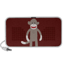 Cute Sock Monkey on Red with Stripes Laptop Speaker