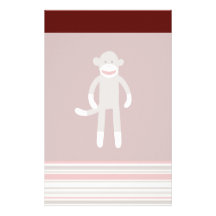 Cute Sock Monkey on Red with Stripes Personalized Stationery