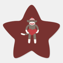 Cute Sock Monkey with Hat Holding Heart Star Sticker
