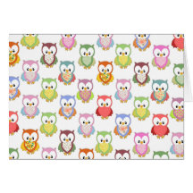 Cute soft colourful owls different chest patterns greeting card