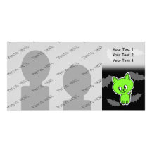 Cute Spooky Green Cat with Bats. Photo Card
