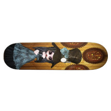 Cute Steampunk Goth Girl & Cog Clocks Skateboard