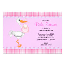 CUTE Sweet Plush PINK Stork Baby Shower Personalized Announcements