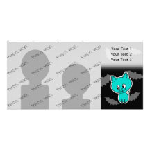 Cute Teal Cat with Bats. Photo Greeting Card