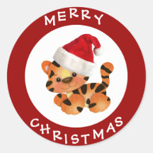 Cute Tiger in Santa Hat Blue Christmas Stickers