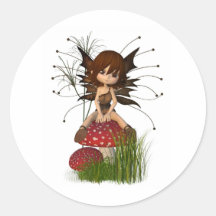 Cute Toon Autumn Fairy and Toadstool Round Sticker