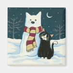 Cute Tuxedo Cat and Snowman Painting Magnet magnets