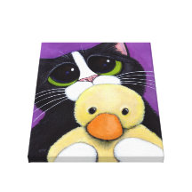 Cute Tuxedo Cat and Toy Duck 12x16 Wrapped Canvas Gallery Wrapped Canvas