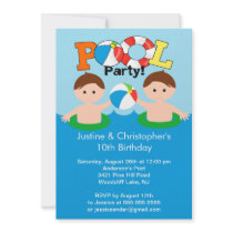CUTE Twin Boys Pool Party Birthday Invitation