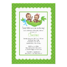 Cute Twin Monkeys Pea Pod Baby Shower Invitations