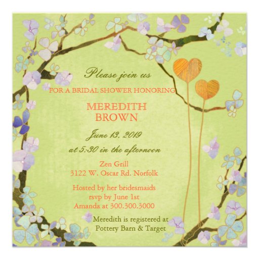 Cute Two Hearts Green Modern Floral Bridal Shower Custom Invitations