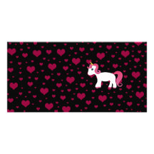 Cute unicorn black pink hearts photo card