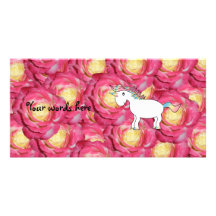 Cute unicorn pink roses customized photo card