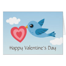 Cute Valentines day card with blue bird and heart