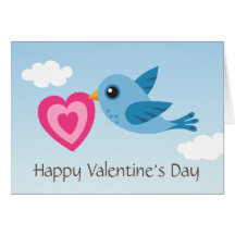 Cute Valentines day card with blue bird and heart