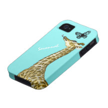Cute Vintage Giraffe Licking a Butterfly on Aqua Vibe iPhone 4 Cover