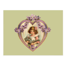 Cute Vintage Girl & Kitten Floral Heart Post Card