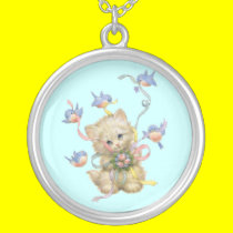 Cute Vintage Kitten - Cat With Ribbons And Birds necklaces