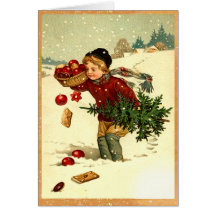 Cute Vintage Victorian Boy Carrying Christmas Tree Cards