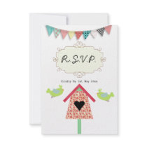 Cute Whimsical Birds And Birdhouse R.S.V.P. Custom Announcement
