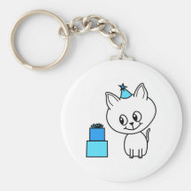 Cute White Kitten in a Blue Birthday Hat. Key Chains