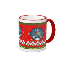 Cute Xmas mug with penguins, snow, hearts & trees