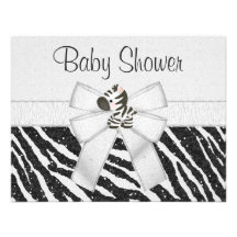 Cute Zebra, Printed Bow & Glitter Look Baby Shower Invites