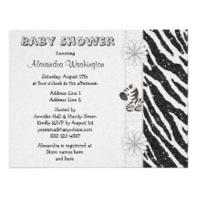 Cute Zebra, Printed Bow & Glitter Look Baby Shower Personalized Invite