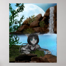 Cutie Anime Kitten Waterfalls Moon 2 Print