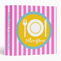 Cutlery and plate on hot pink white stripes recipe vinyl binders
