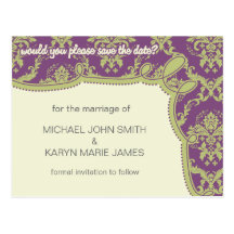 Cyndi Eggplant Purple and Green Save the Date Post Cards
