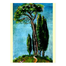 CYPRESS TREES AND MEDITERRANIAN PINE IN TUSCANY POST CARDS