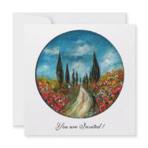 CYPRESS TREES AND POPPIES IN TUSCANY, red blue