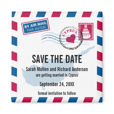 Cyprus Air Mail Wedding Save the Date Refrigerator Magnet by labellarue