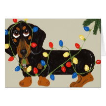 Dachshund Tangled In Christmas Lights Blk/Tan Greeting Cards