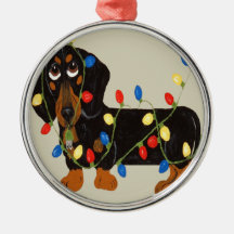 Dachshund Tangled In Christmas Lights Blk/TanOrnam Christmas Ornaments