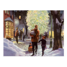 Dad Christmas Shopping with the Kids in the Snow Postcard