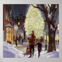 Dad Christmas Shopping with the Kids in the Snow Poster