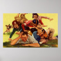 Dad Playing Football with the Kids and Family Dog Poster