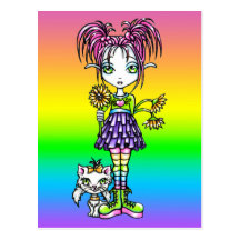 "Daisy" Cute Cat Rainbow Flower Child Postcard