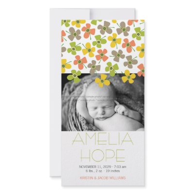 Daisy Pop Lime Peach Baby Announcement Photo Card by fat_fa_tin