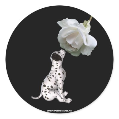 Dalmatian Puppy And White Rose Sticker Label by SmilinEyesTreasures