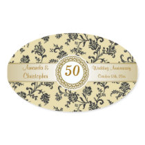 Damask black flowers on gold Wedding Anniversary Oval Sticker