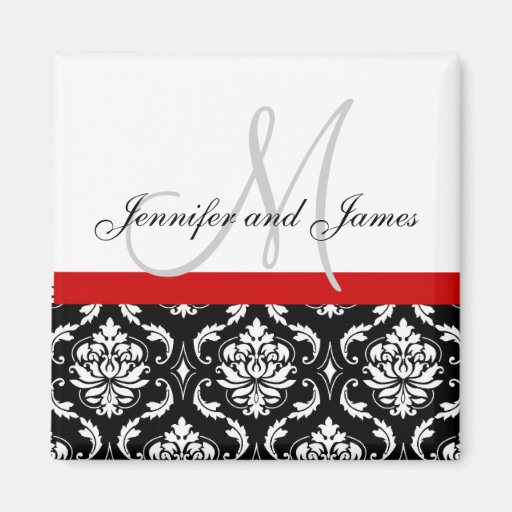 Damask Black White Red Monogram Names Magnet
